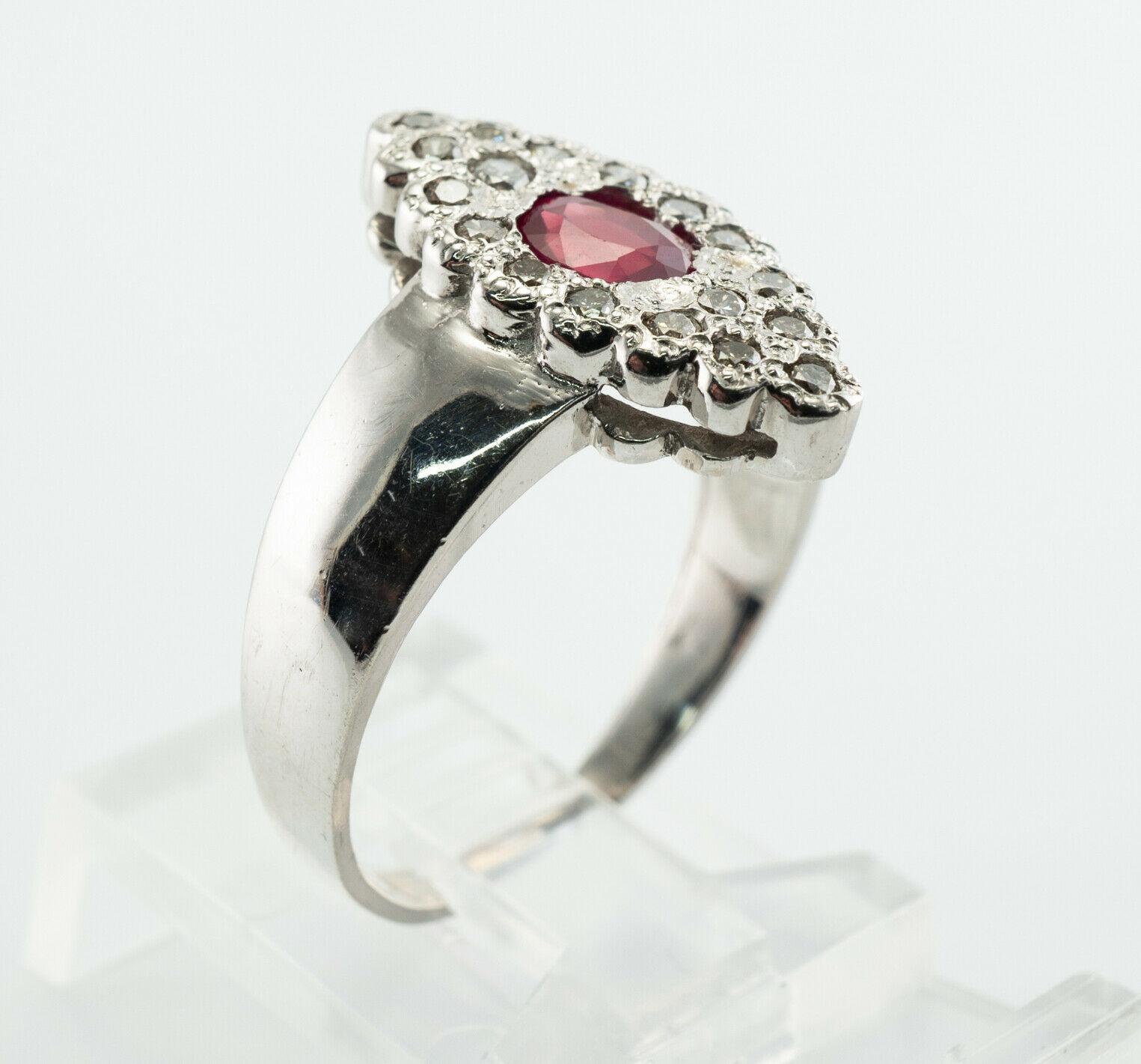 Natural Diamond Ruby Ring 14K White Gold Band Vintage Floral For Sale 2