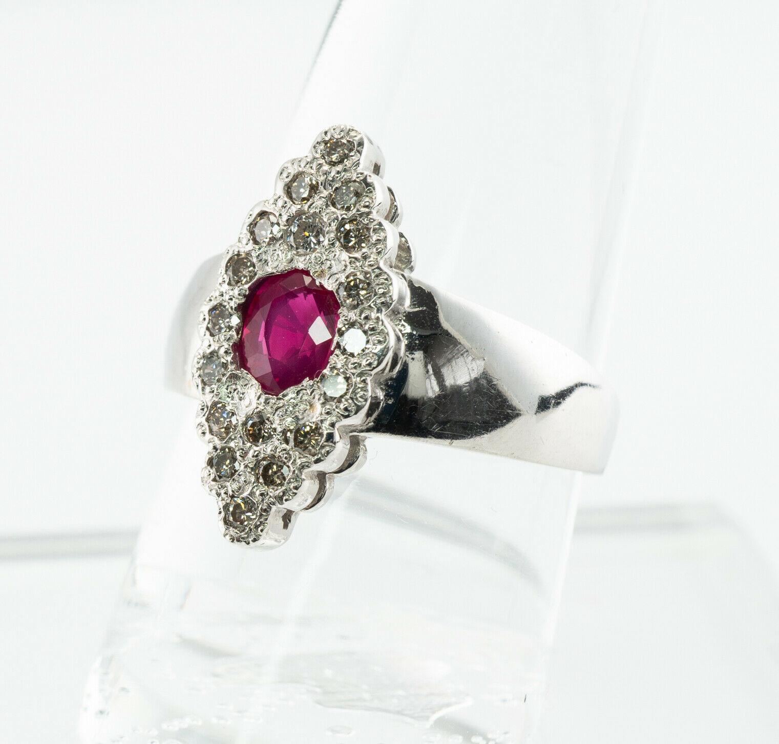 Natural Diamond Ruby Ring 14K White Gold Band Vintage Floral For Sale 3