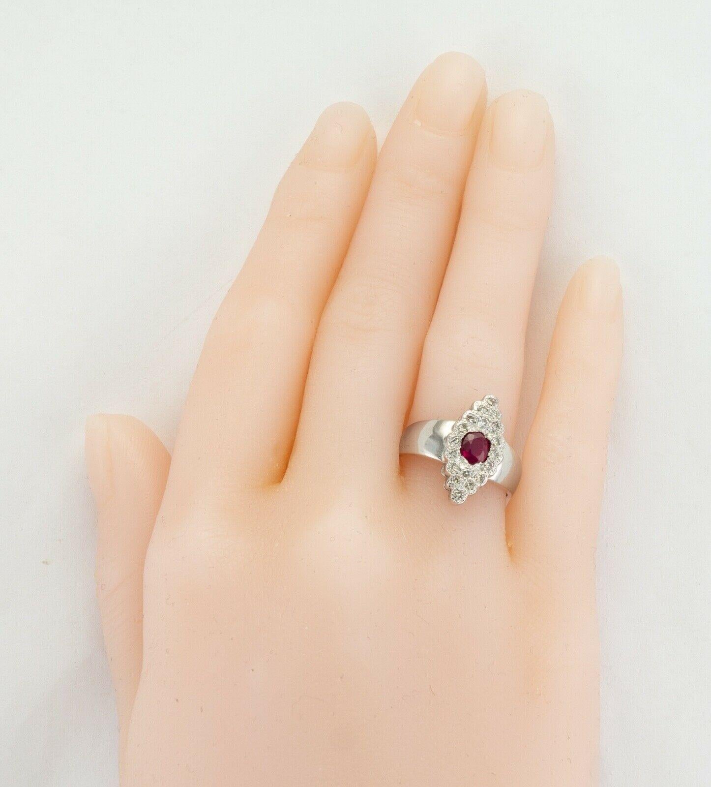 Natural Diamond Ruby Ring 14K White Gold Band Vintage Floral For Sale 4