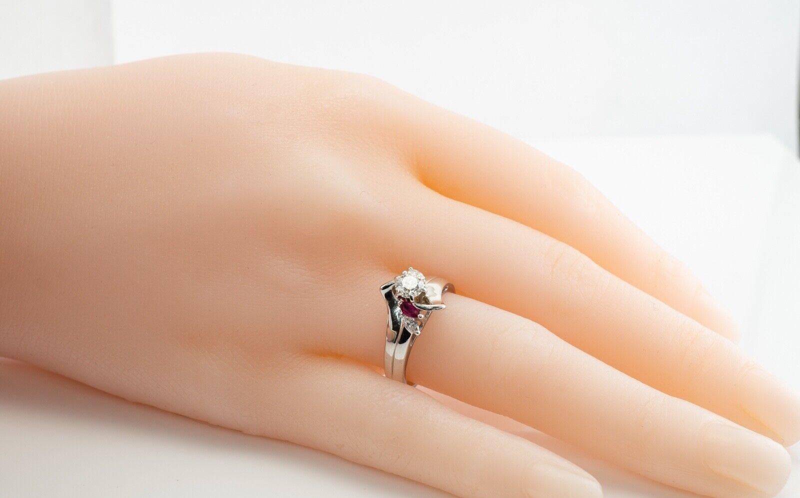 Marquise Cut Natural Diamond Ruby Ring Flower 14K White Gold Band Vintage For Sale