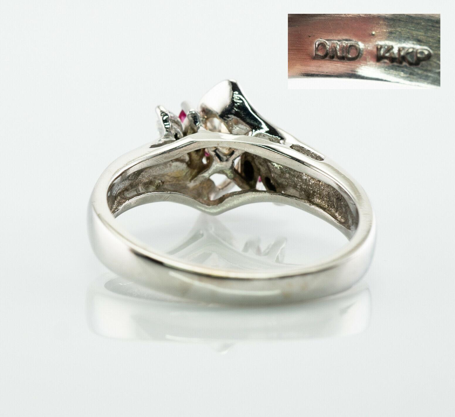 Women's Natural Diamond Ruby Ring Flower 14K White Gold Band Vintage For Sale