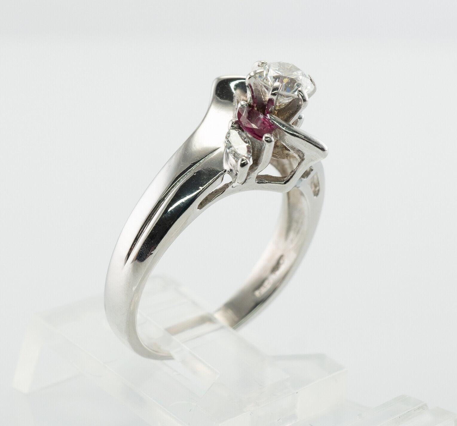 Natural Diamond Ruby Ring Flower 14K White Gold Band Vintage For Sale 1