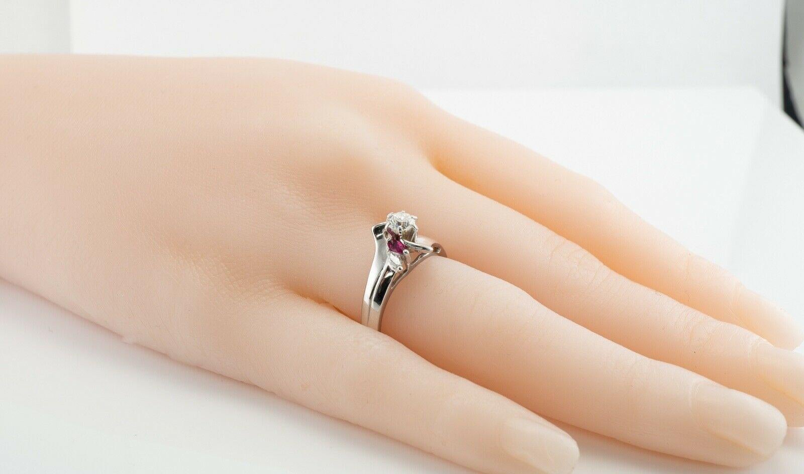 Natural Diamond Ruby Ring Flower 14K White Gold Band Vintage For Sale 2