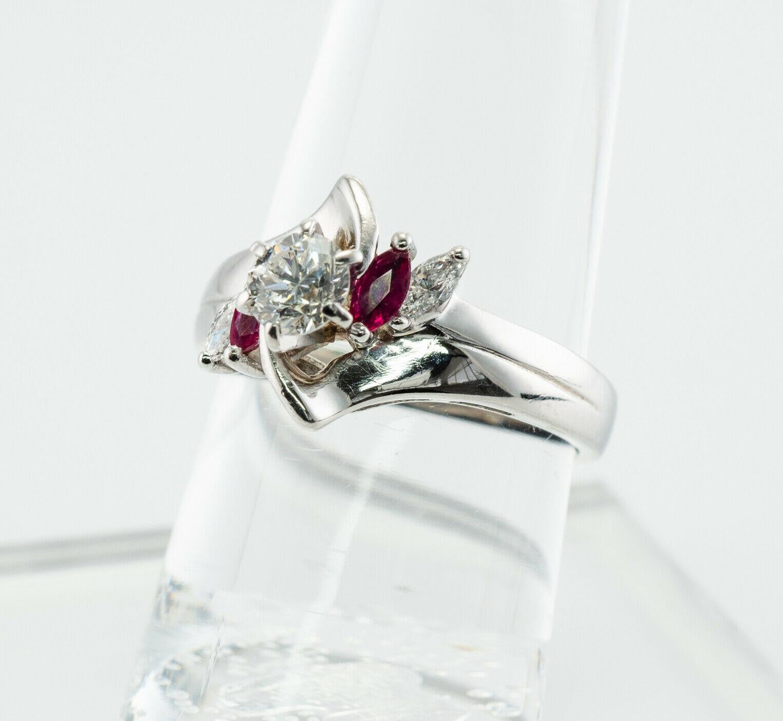 Natural Diamond Ruby Ring Flower 14K White Gold Band Vintage For Sale 3