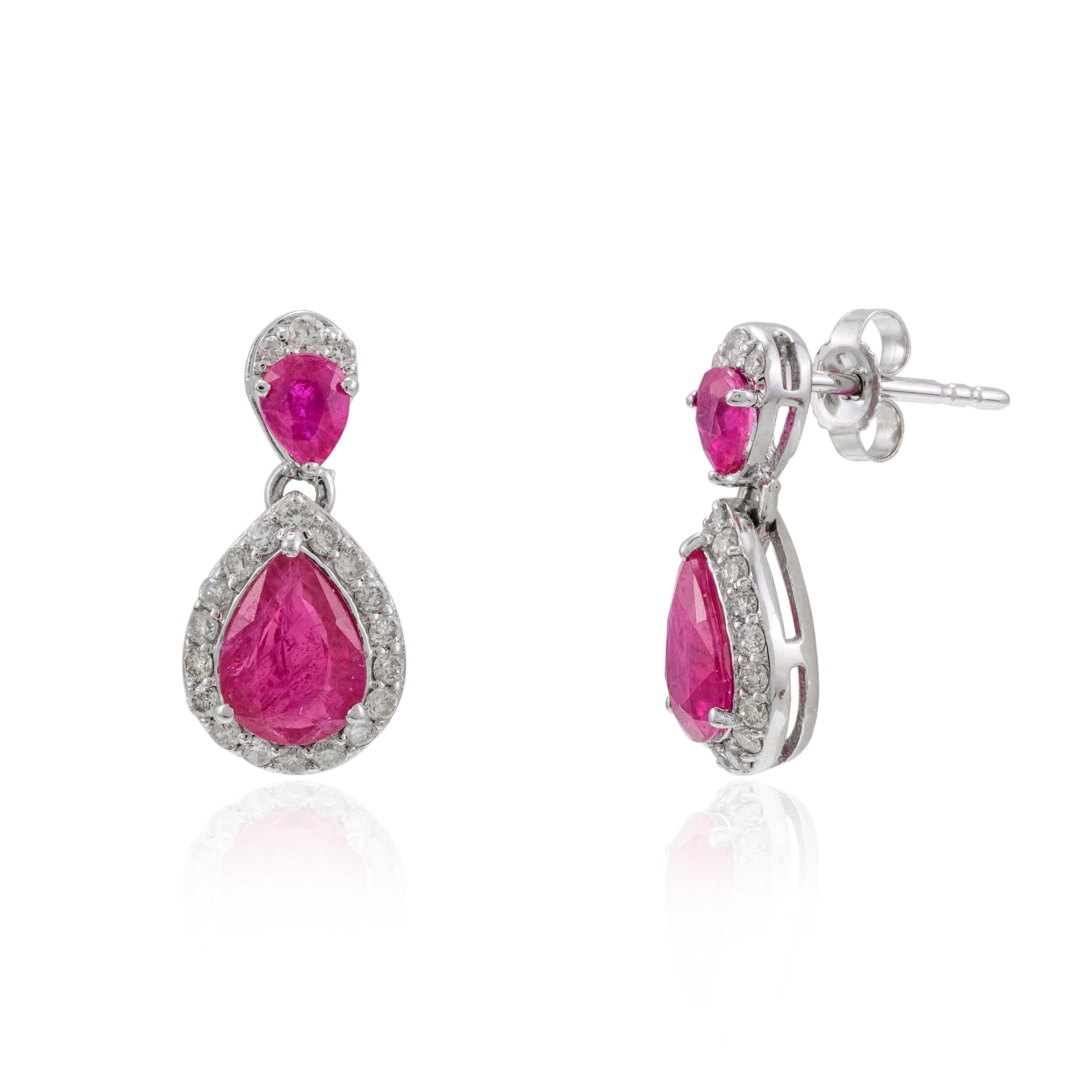 Natural Diamond Ruby Small Dangle Earrings 14k Solid White Gold, Daughter Gift In New Condition For Sale In Houston, TX
