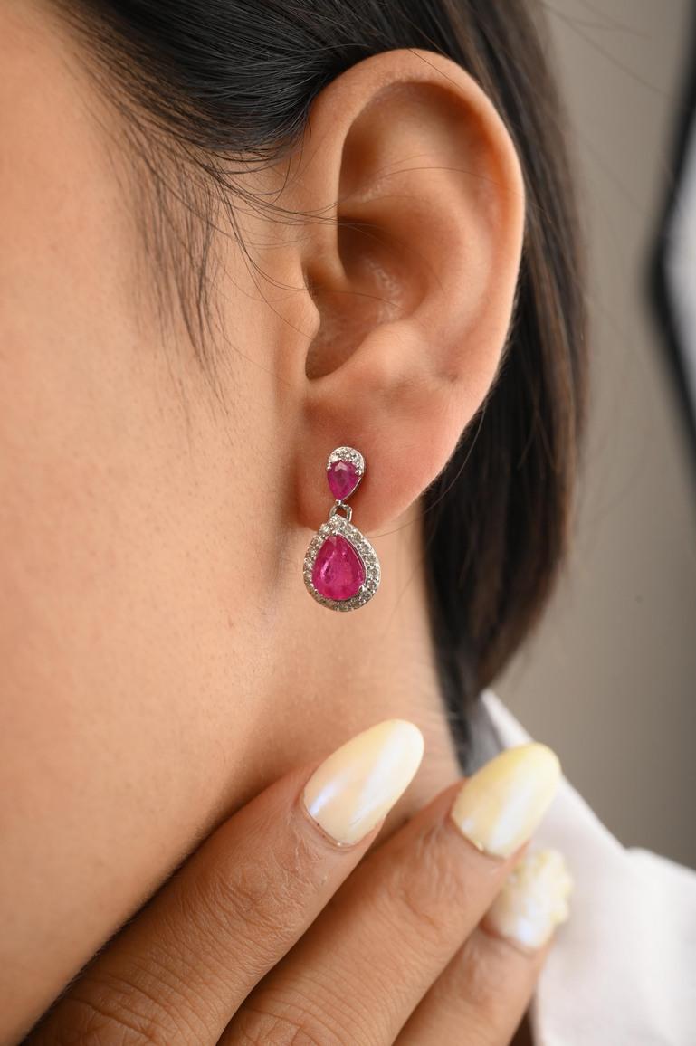 Boucles d'oreilles pendantes en or blanc massif 14k avec diamant naturel et rubis, cadeau pour fille Pour femmes en vente