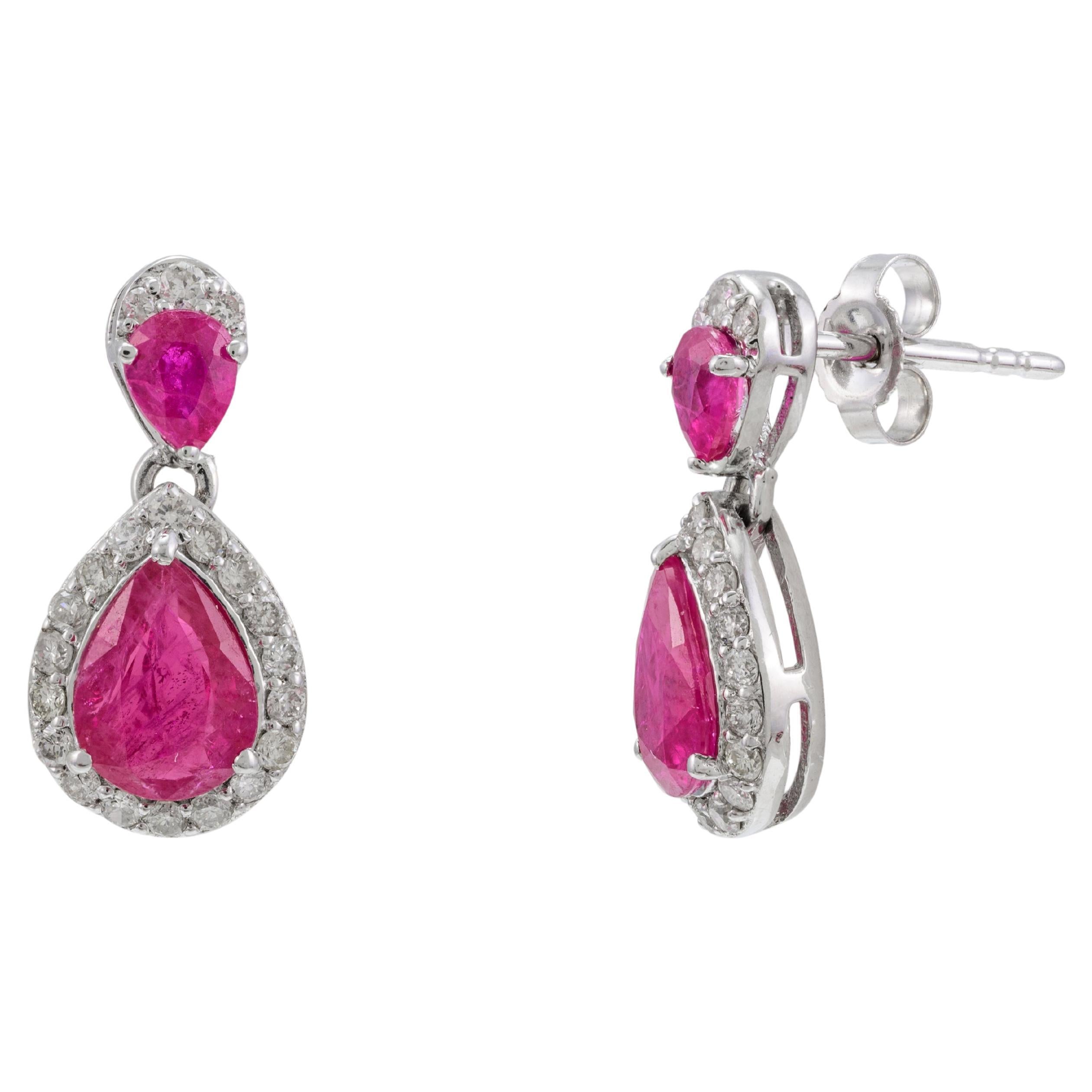 Boucles d'oreilles pendantes en or blanc massif 14k avec diamant naturel et rubis, cadeau pour fille en vente