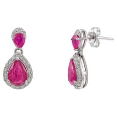 Natural Diamond Ruby Small Dangle Earrings 14k Solid White Gold, Daughter Gift