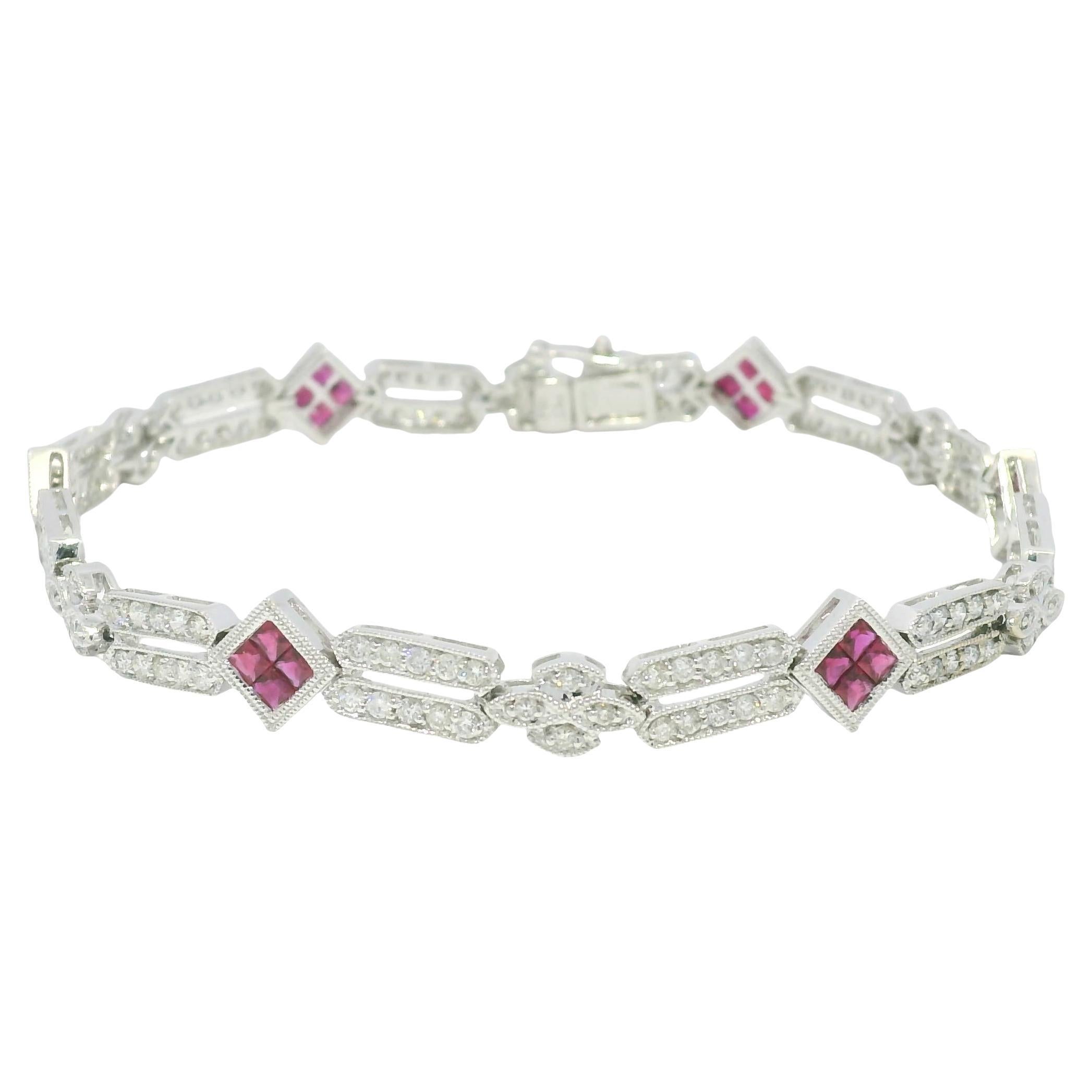 Natural Diamond 
Ruby Square 18-Karat Station Bracelet In Stock For Sale