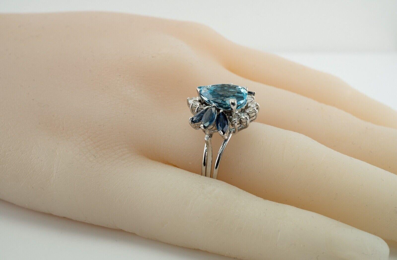 Natural Diamond Sapphire Aquamarine Ring 14K White Gold For Sale 5