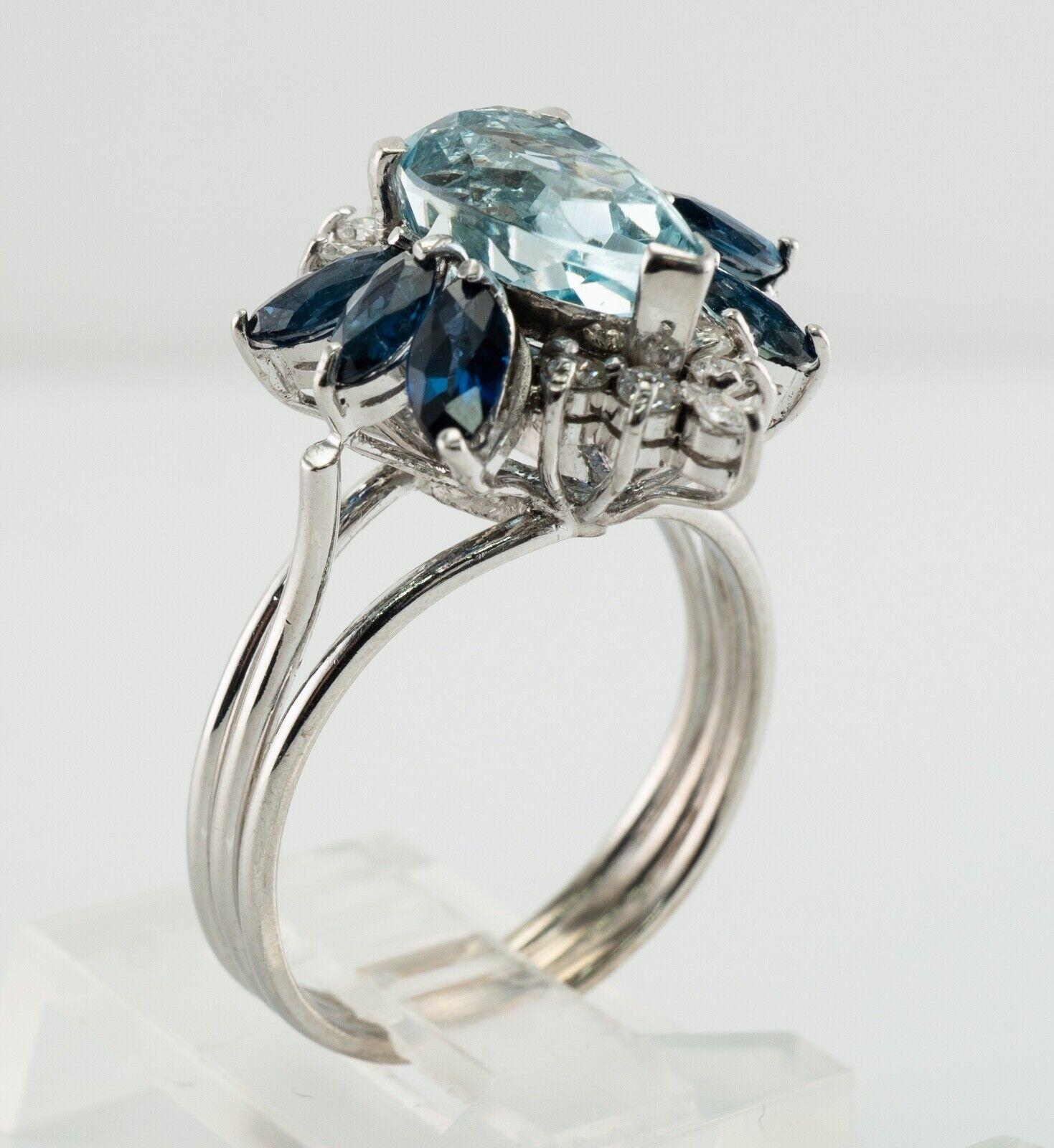Natural Diamond Sapphire Aquamarine Ring 14K White Gold For Sale 6