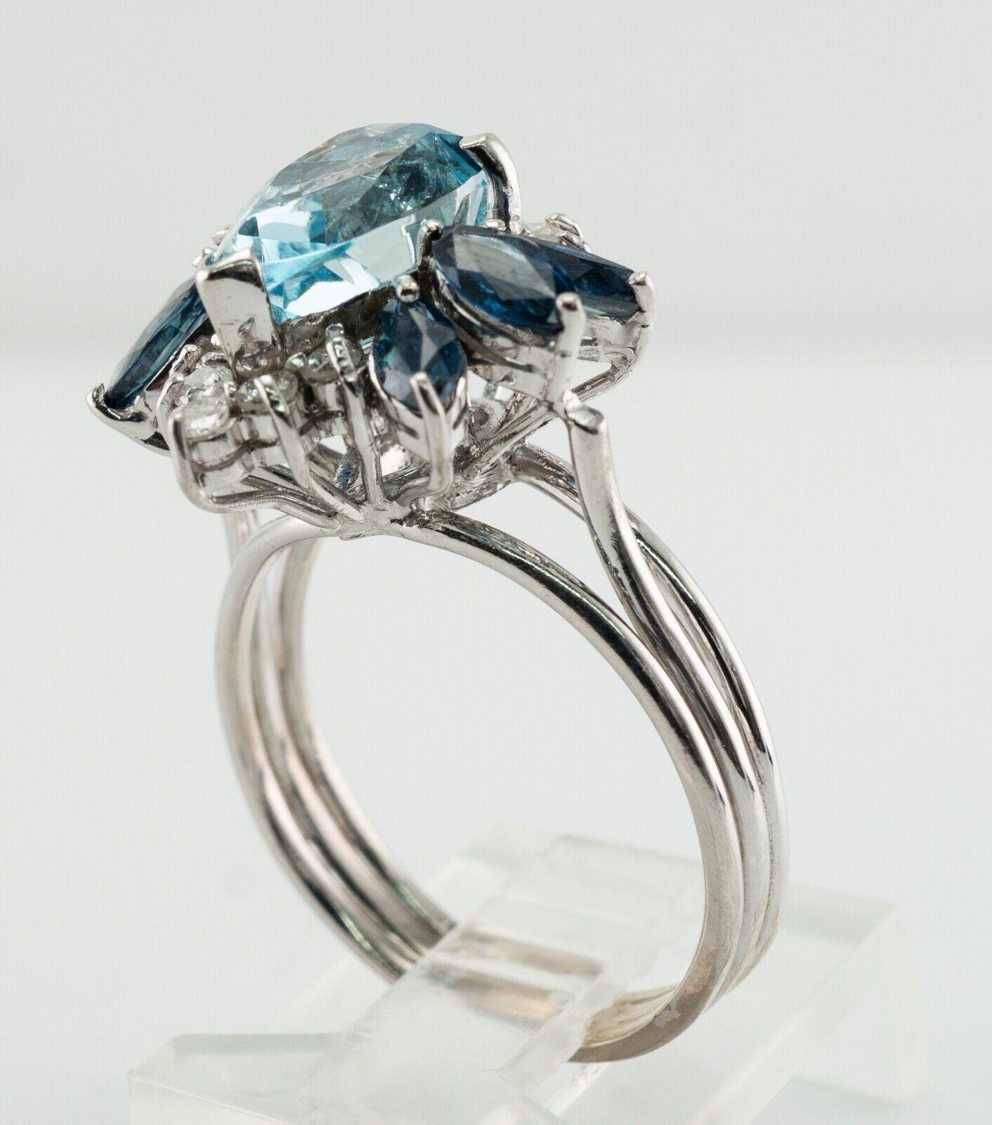 Natural Diamond Sapphire Aquamarine Ring 14K White Gold For Sale 7