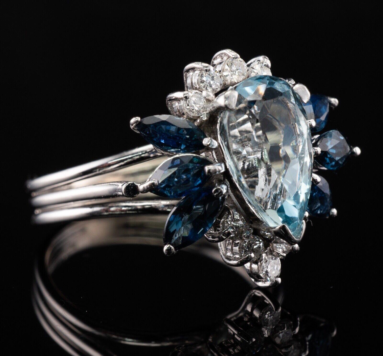 Pear Cut Natural Diamond Sapphire Aquamarine Ring 14K White Gold For Sale