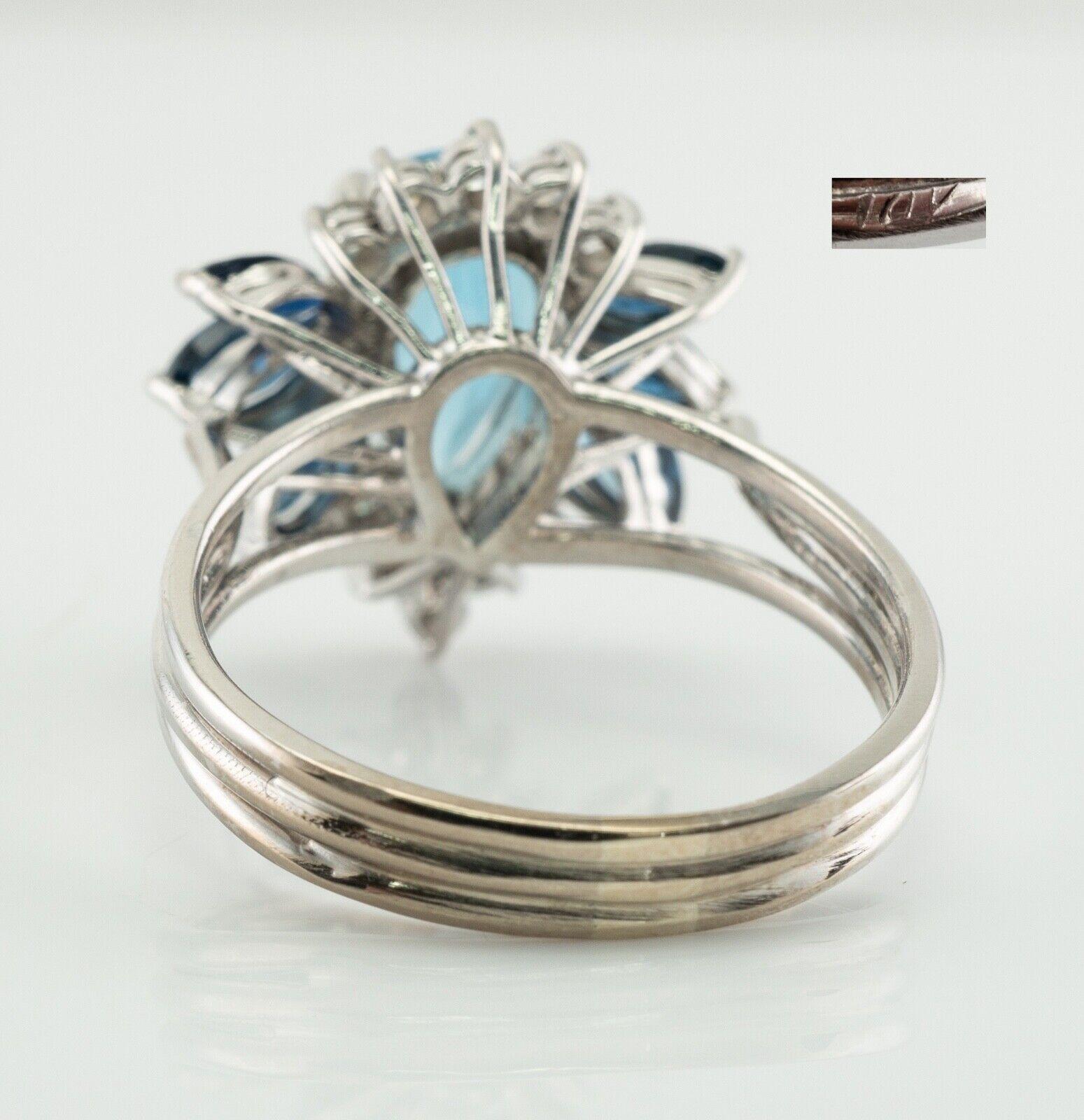 Women's Natural Diamond Sapphire Aquamarine Ring 14K White Gold For Sale