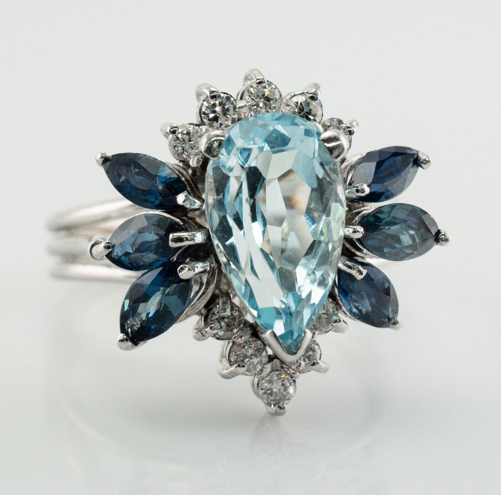 Natural Diamond Sapphire Aquamarine Ring 14K White Gold For Sale 1