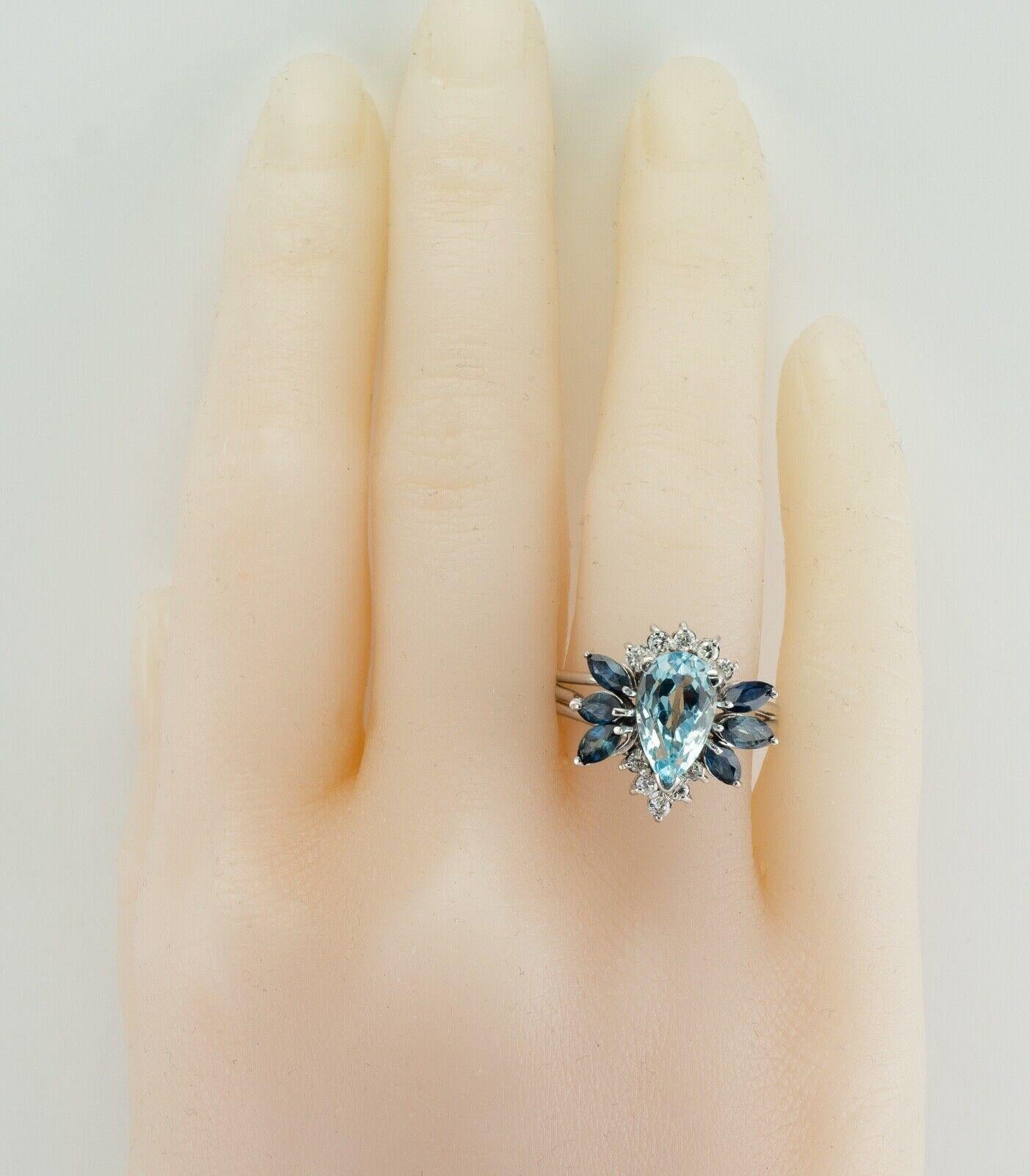 Natural Diamond Sapphire Aquamarine Ring 14K White Gold For Sale 2