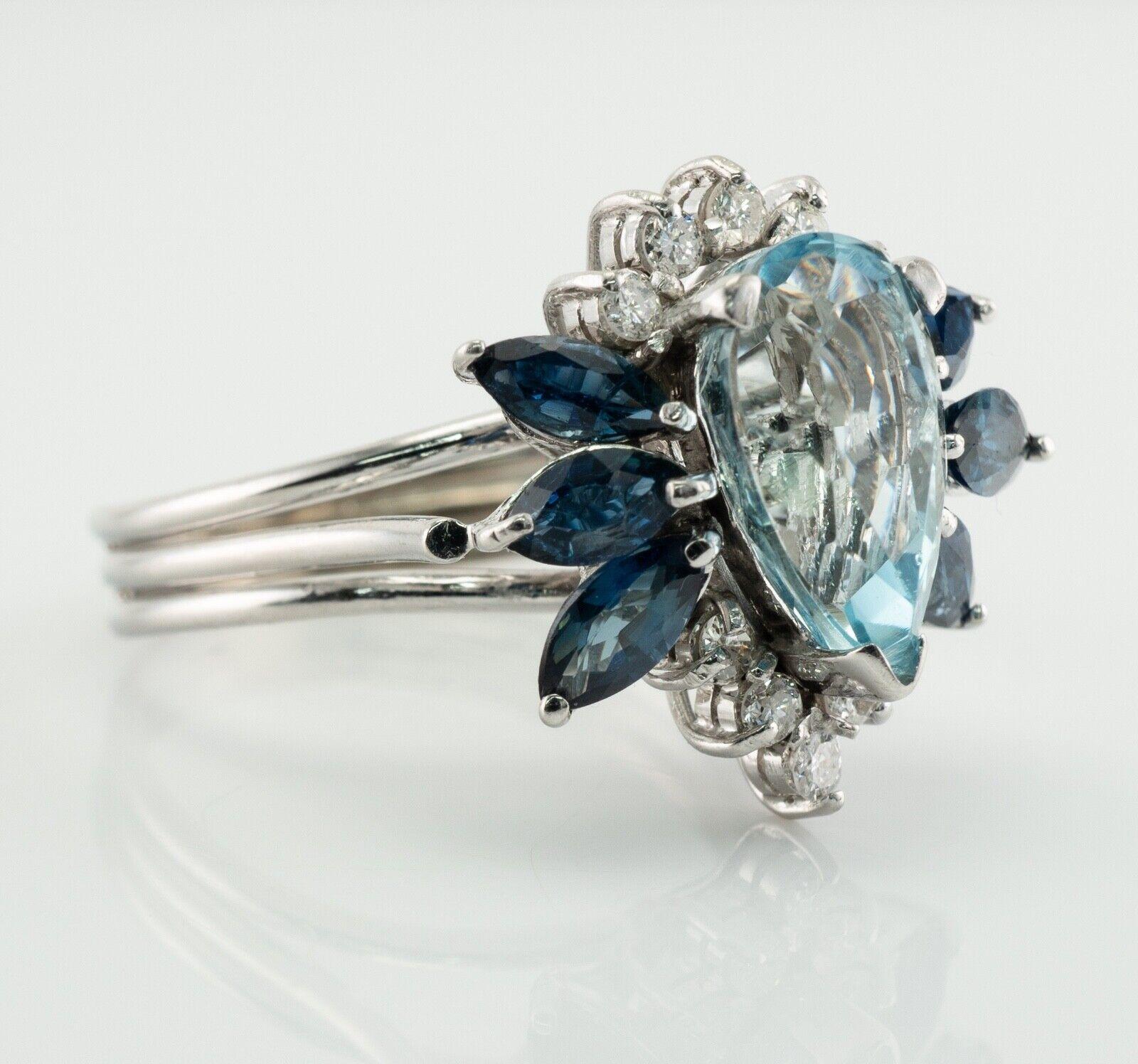 Natural Diamond Sapphire Aquamarine Ring 14K White Gold For Sale 3