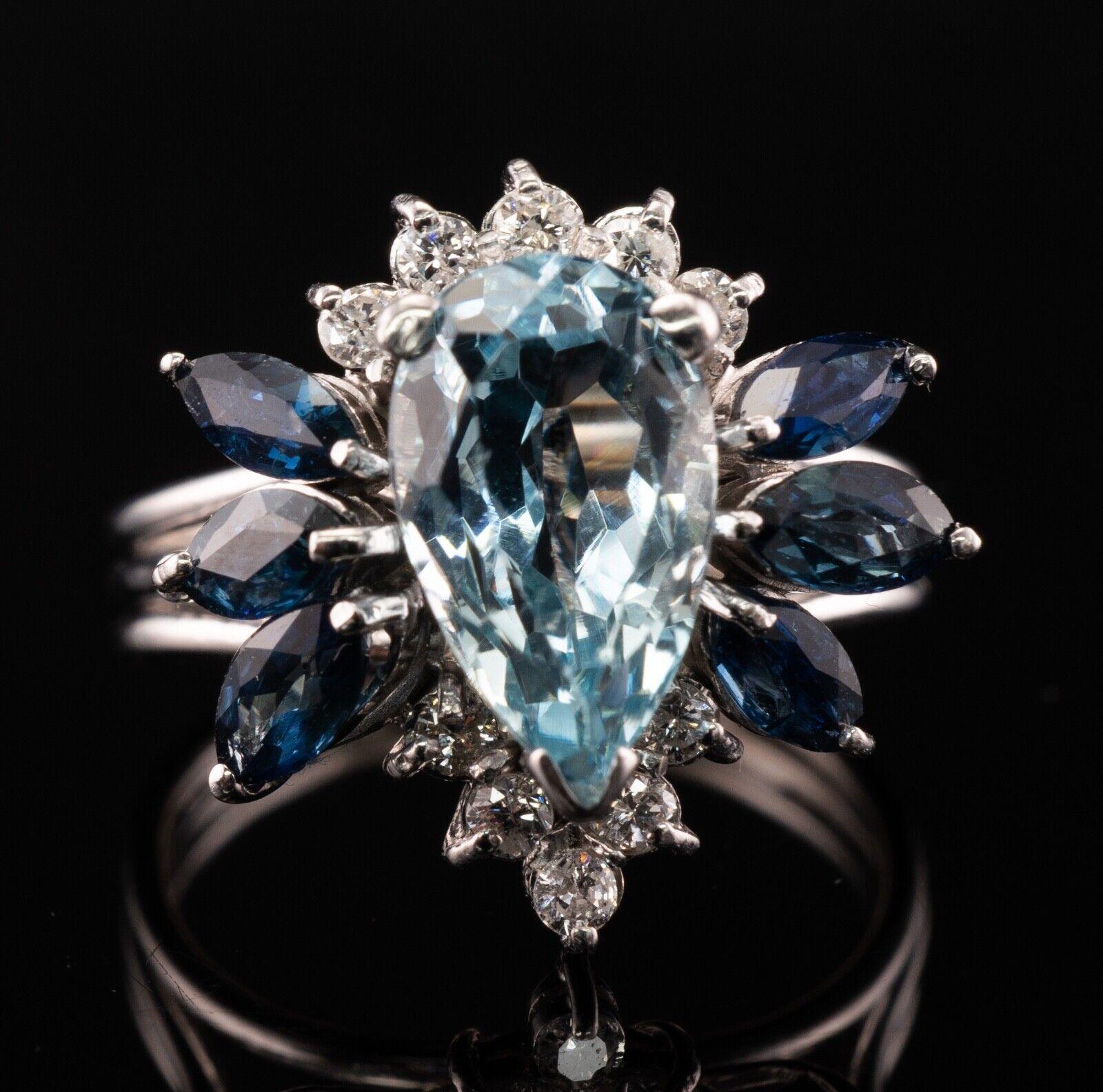 Natural Diamond Sapphire Aquamarine Ring 14K White Gold For Sale 4
