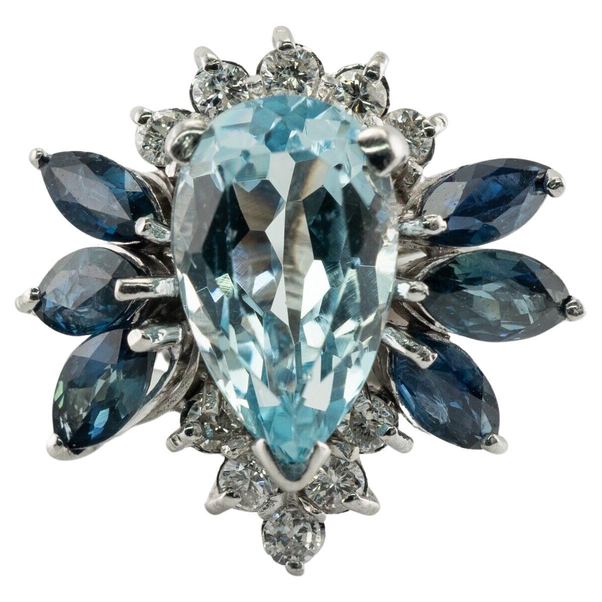 Natural Diamond Sapphire Aquamarine Ring 14K White Gold For Sale