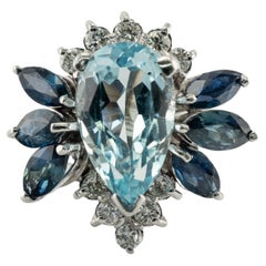 Retro Natural Diamond Sapphire Aquamarine Ring 14K White Gold