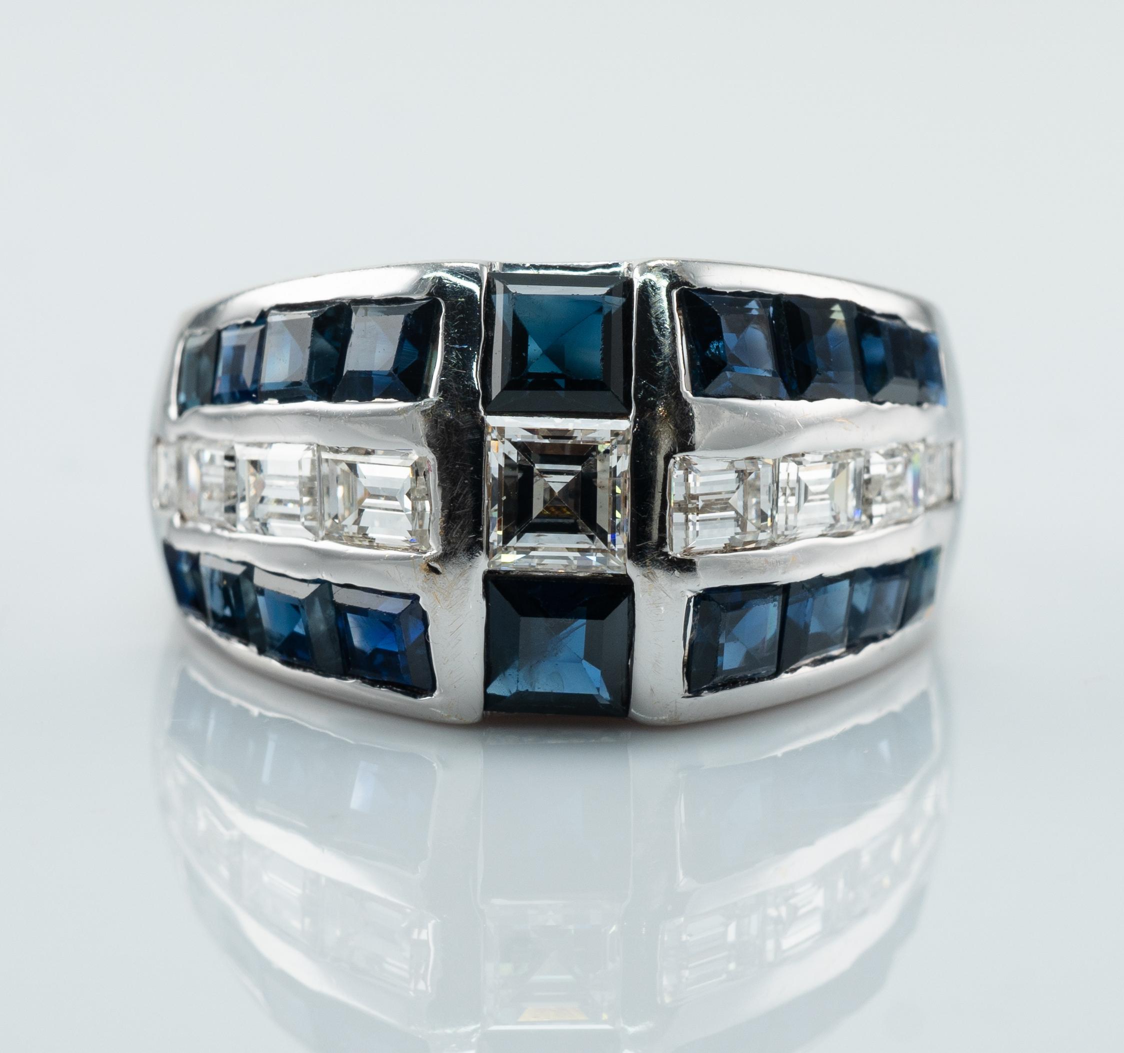 Natural Diamond Sapphire Band Ring 14K White Gold

    This gorgeous vintage ring is made in solid 14K White Gold and set with Natural Diamonds and Sapphires.
    There are one square cut diamond in the center and eight diamond baguettes in this