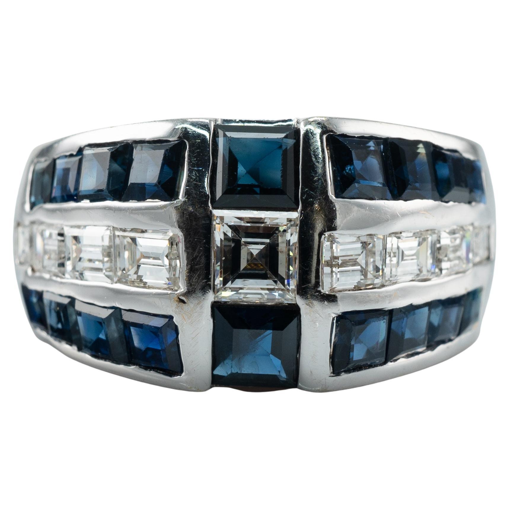 Natural Diamond Sapphire Band Ring 14k White Gold For Sale