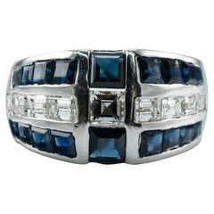 Retro Natural Diamond Sapphire Band Ring 14k White Gold