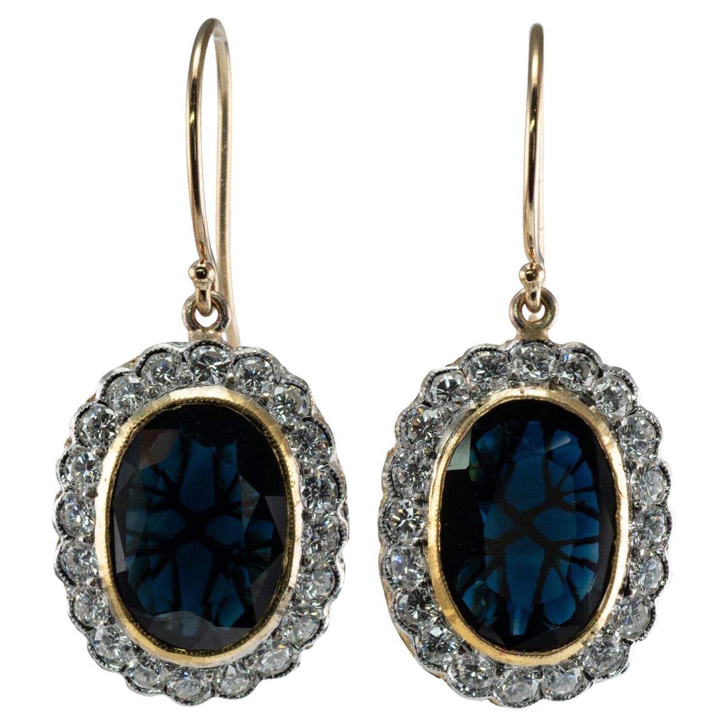 Natural Diamond Sapphire Earrings Drop Dangle Vintage 14K Gold For Sale