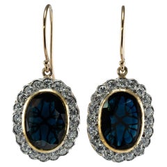 Natural Diamond Sapphire Earrings Drop Dangle Retro 14K Gold
