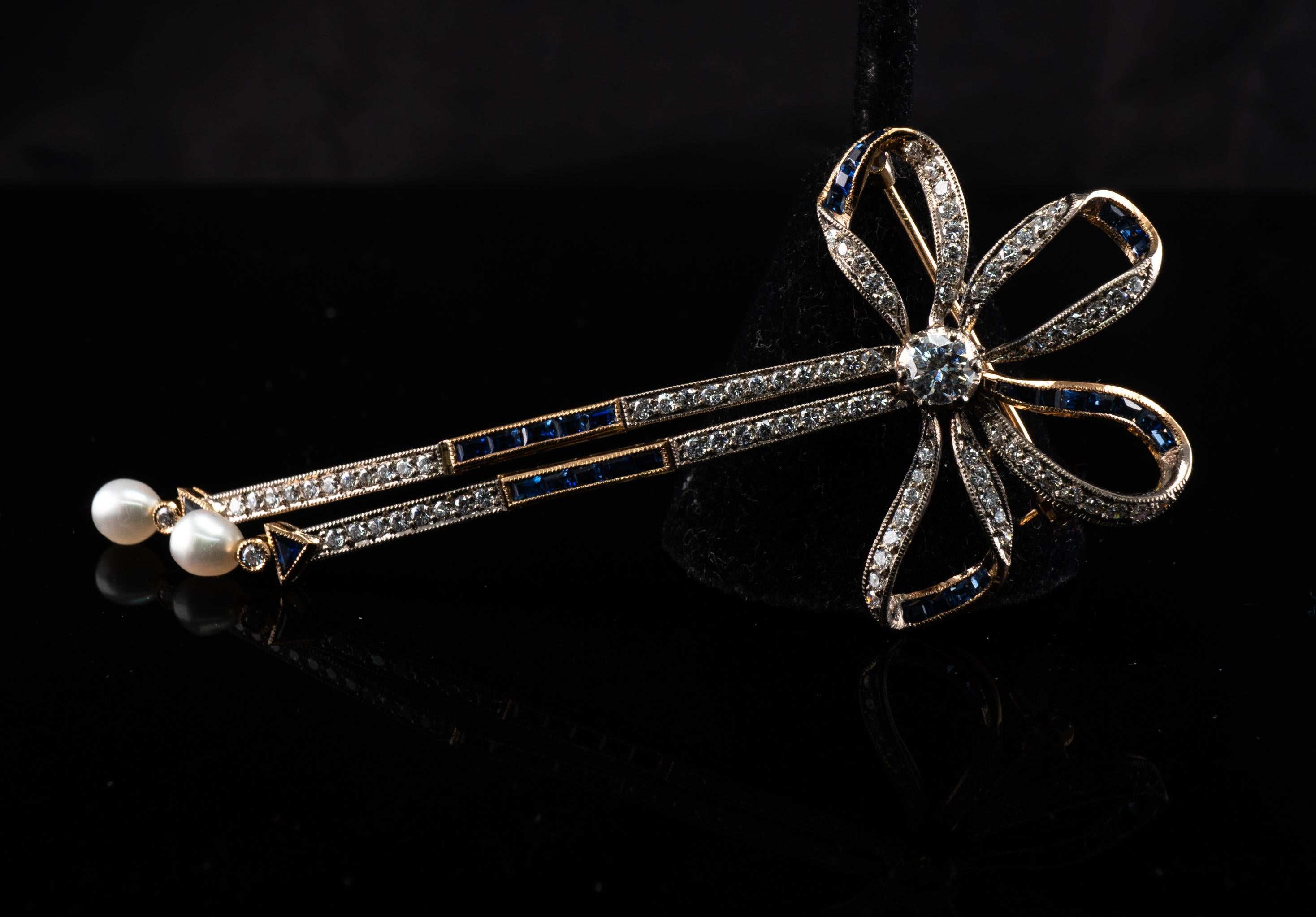 Natural Diamond Sapphire Pearl Brooch Bow Ribbon 18K Gold Vintage For Sale 7