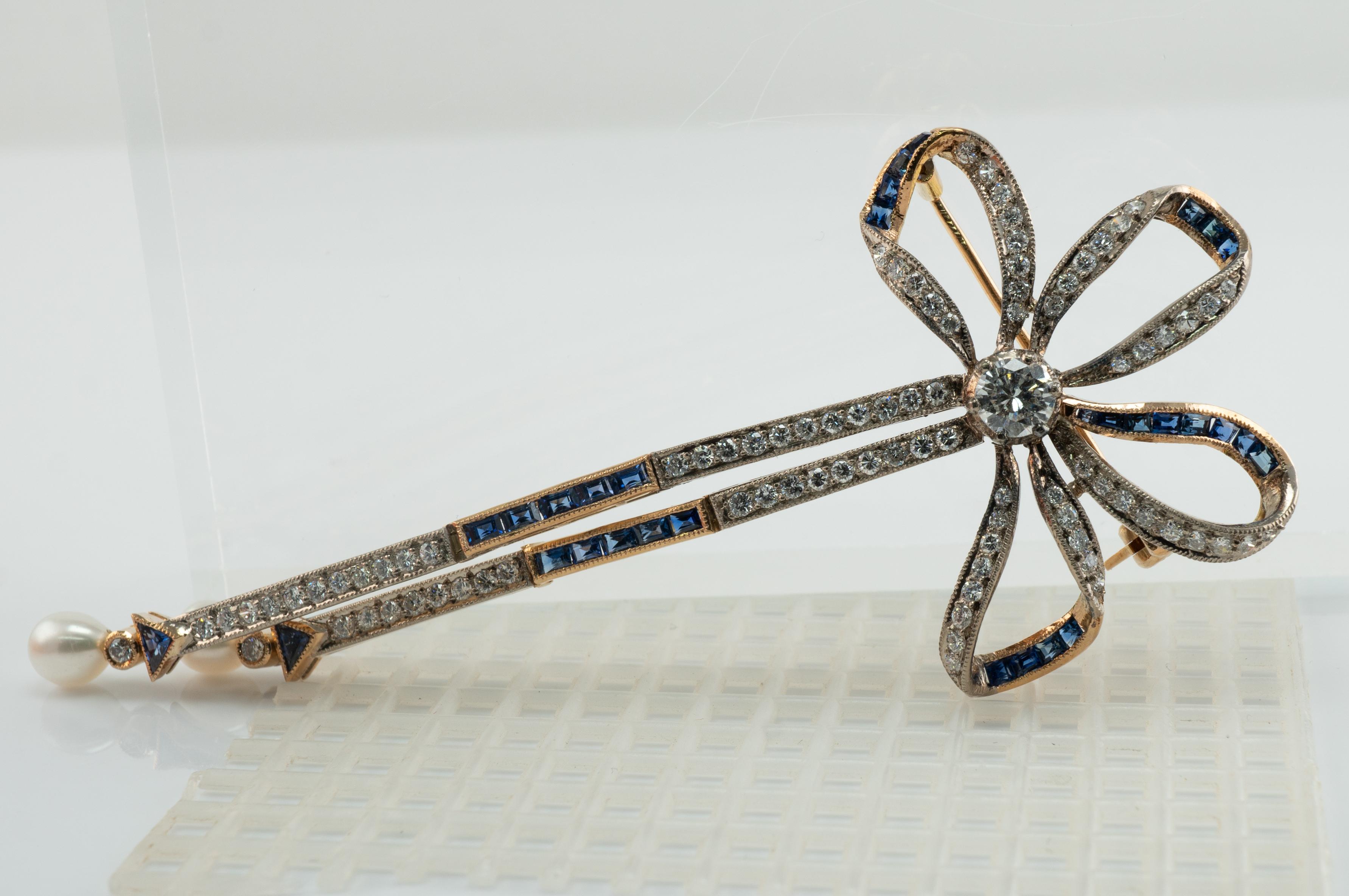 Natural Diamond Sapphire Pearl Brooch Bow Ribbon 18K Gold Vintage For Sale 1