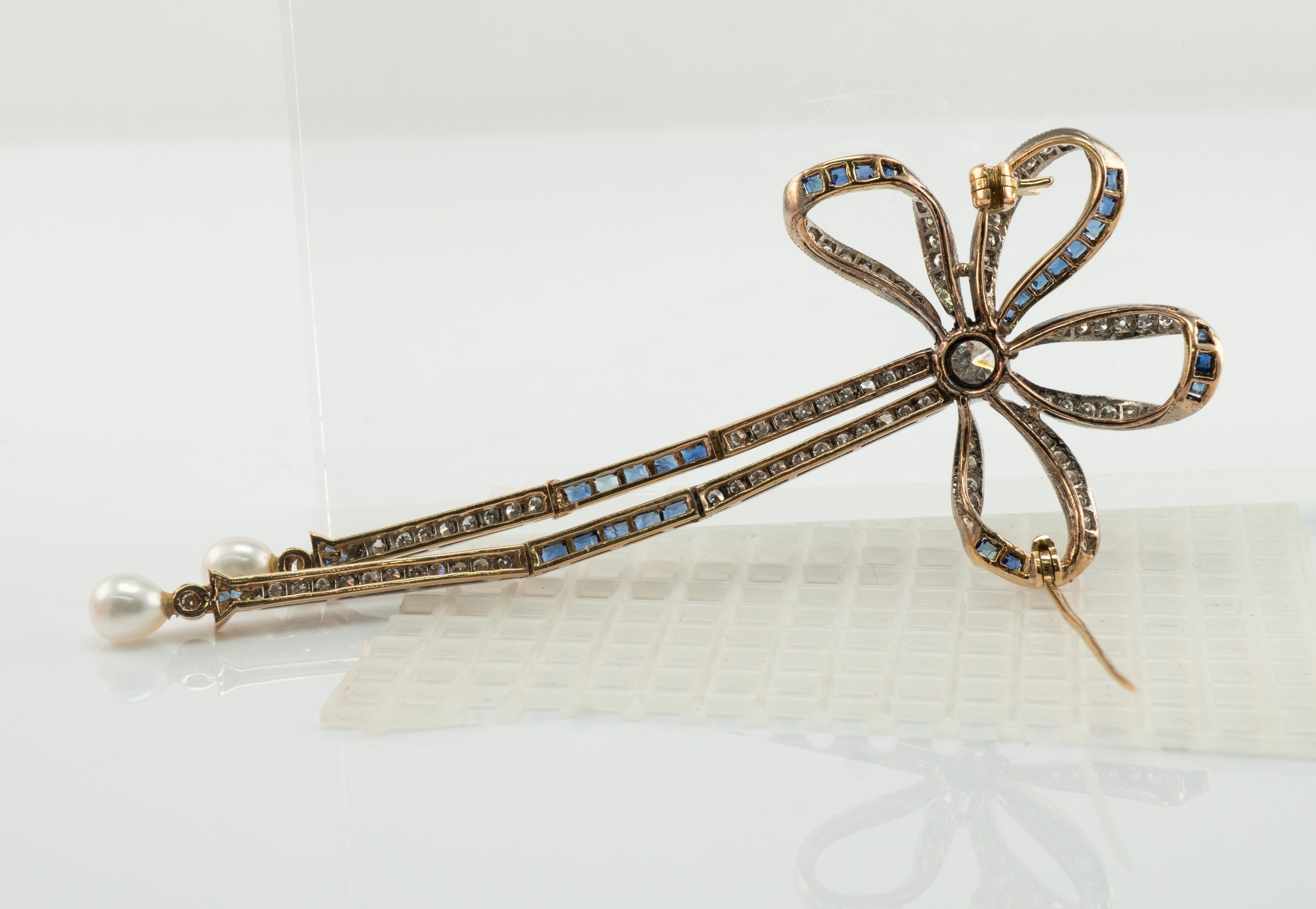 Natural Diamond Sapphire Pearl Brooch Bow Ribbon 18K Gold Vintage For Sale 2