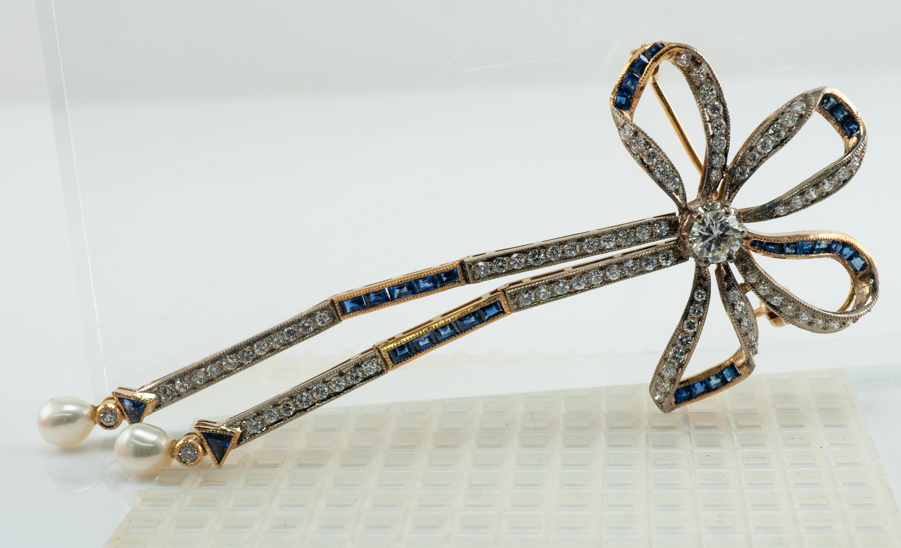 Natural Diamond Sapphire Pearl Brooch Bow Ribbon 18K Gold Vintage For Sale 3