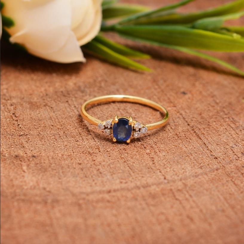 Natürlicher Diamant & Saphir Ring 14K Gold Damen im Angebot