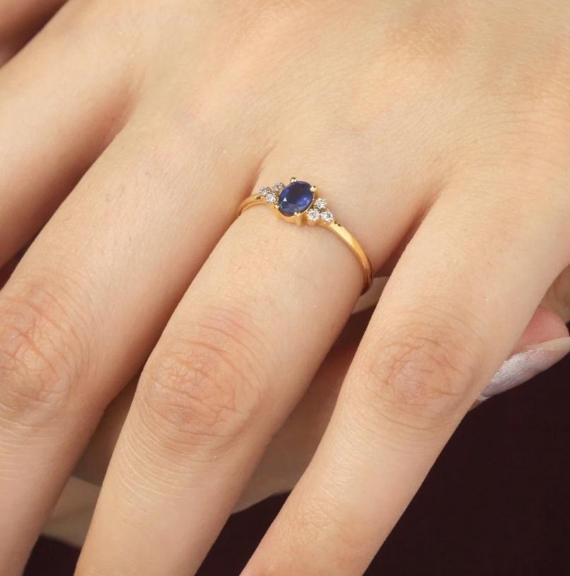 Natürlicher Diamant & Saphir Ring 14K Gold im Angebot 3