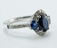 Natural Diamond Sapphire Ring 14K White Gold Band Halo