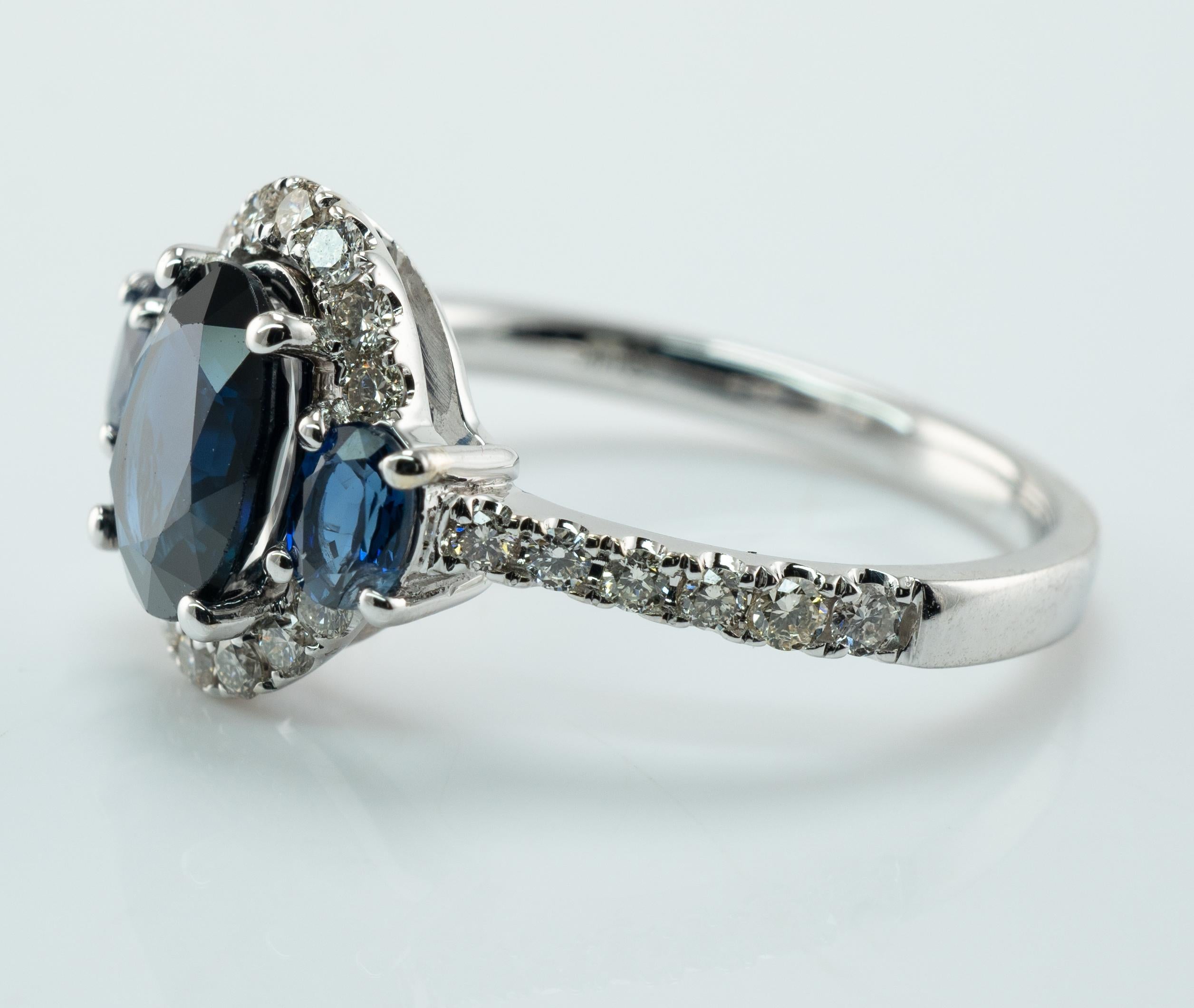 Natural Diamond Sapphire Ring 14K White Gold Band Halo In Good Condition For Sale In East Brunswick, NJ