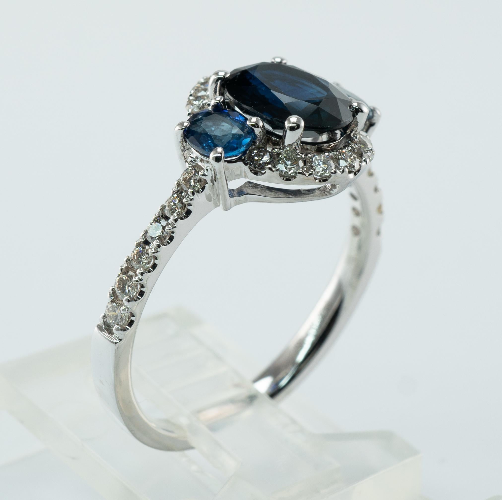 Natural Diamond Sapphire Ring 14K White Gold Band Halo For Sale 2