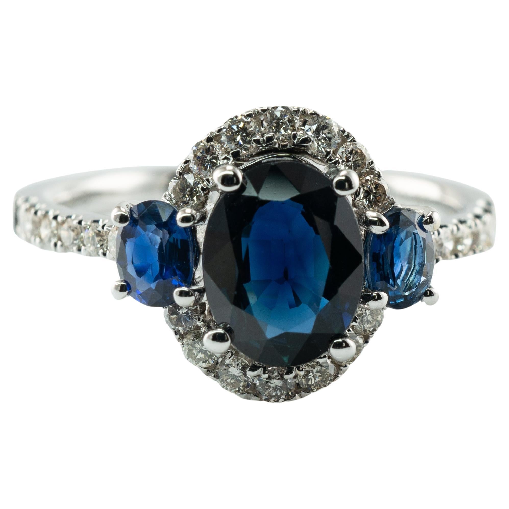 Natural Diamond Sapphire Ring 14K White Gold Band Halo For Sale