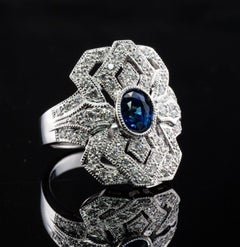 Natural Diamond Sapphire Ring 18K White Gold Estate