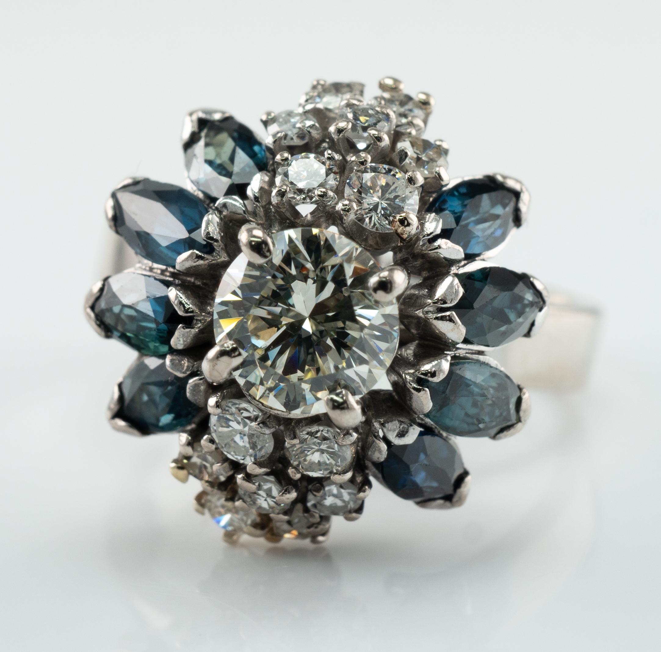Anillo Zafiro Diamante Natural Oro Blanco 18K Vintage .90ct centro en venta 2