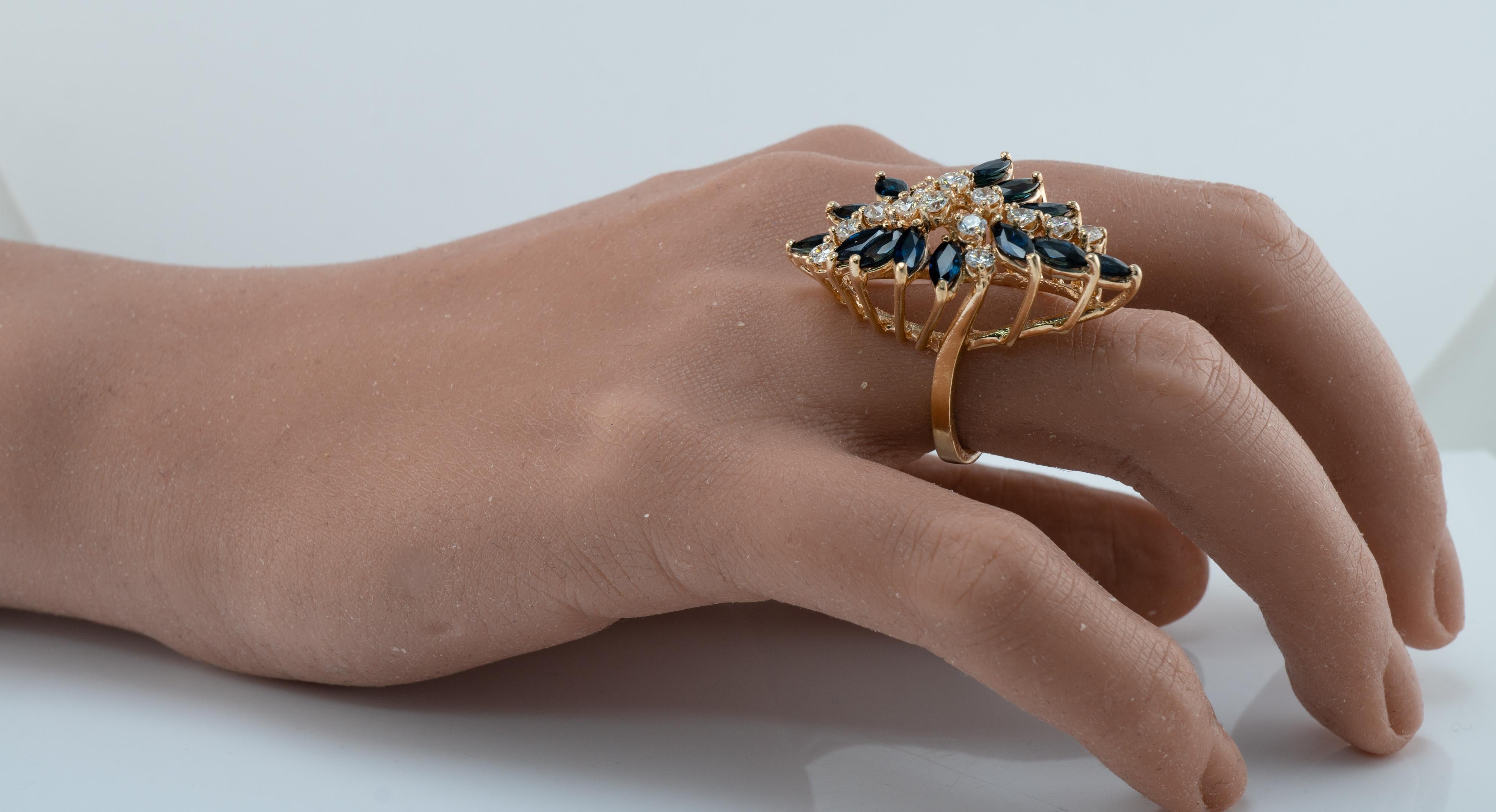 Anillo Zafiro Diamante Natural Flor Vintage Oro 14K Cocktail Cascada en venta 5
