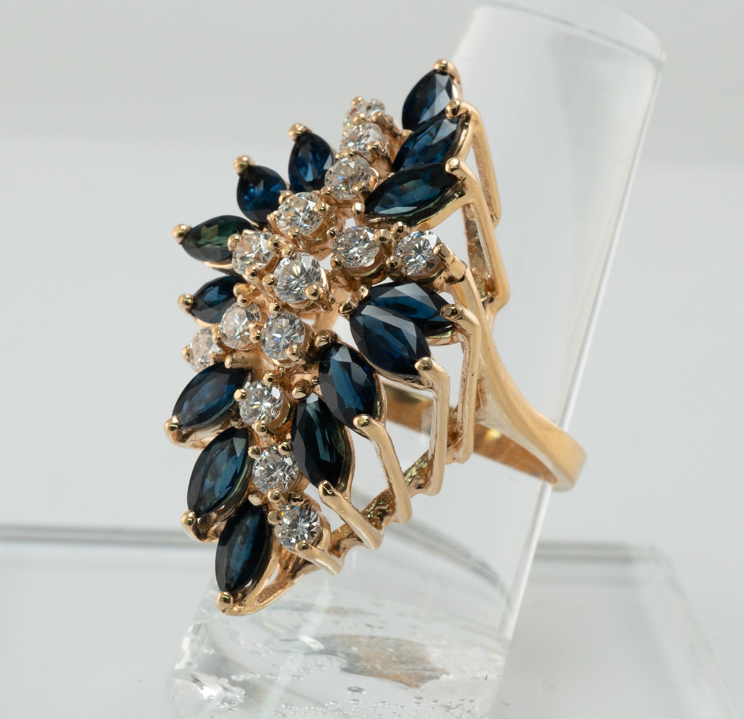 Anillo Zafiro Diamante Natural Flor Vintage Oro 14K Cocktail Cascada en venta 6