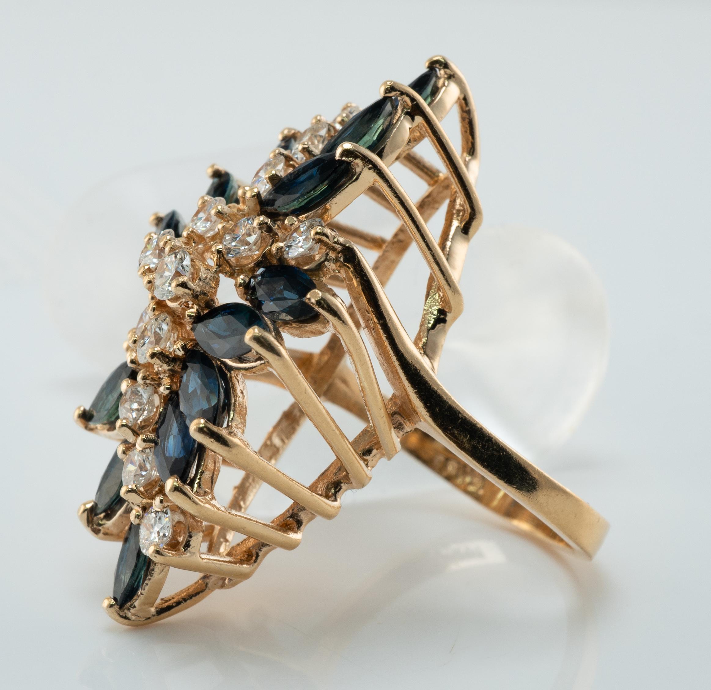 Anillo Zafiro Diamante Natural Flor Vintage Oro 14K Cocktail Cascada en venta 7