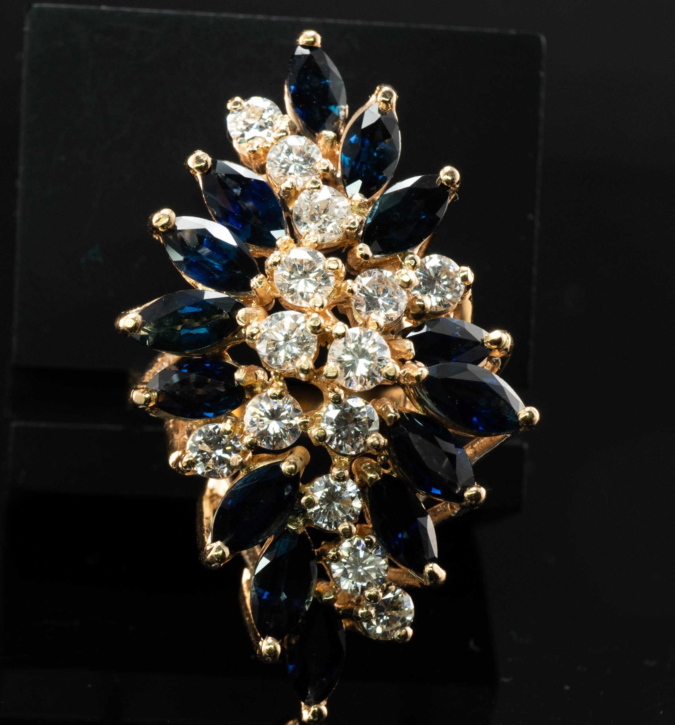 Anillo Zafiro Diamante Natural Flor Vintage Oro 14K Cocktail Cascada en venta 8