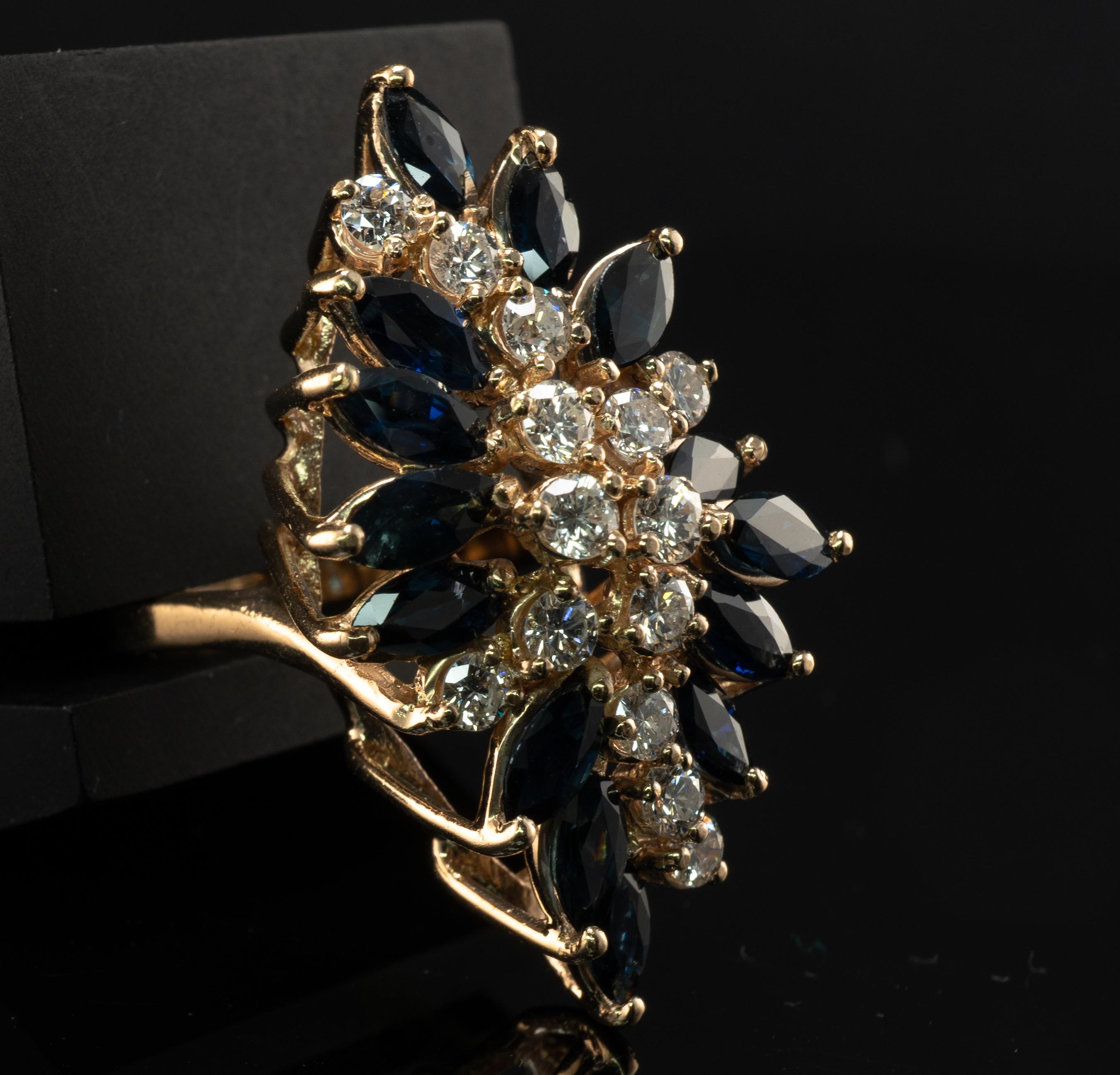 Anillo Zafiro Diamante Natural Flor Vintage Oro 14K Cocktail Cascada en venta 10