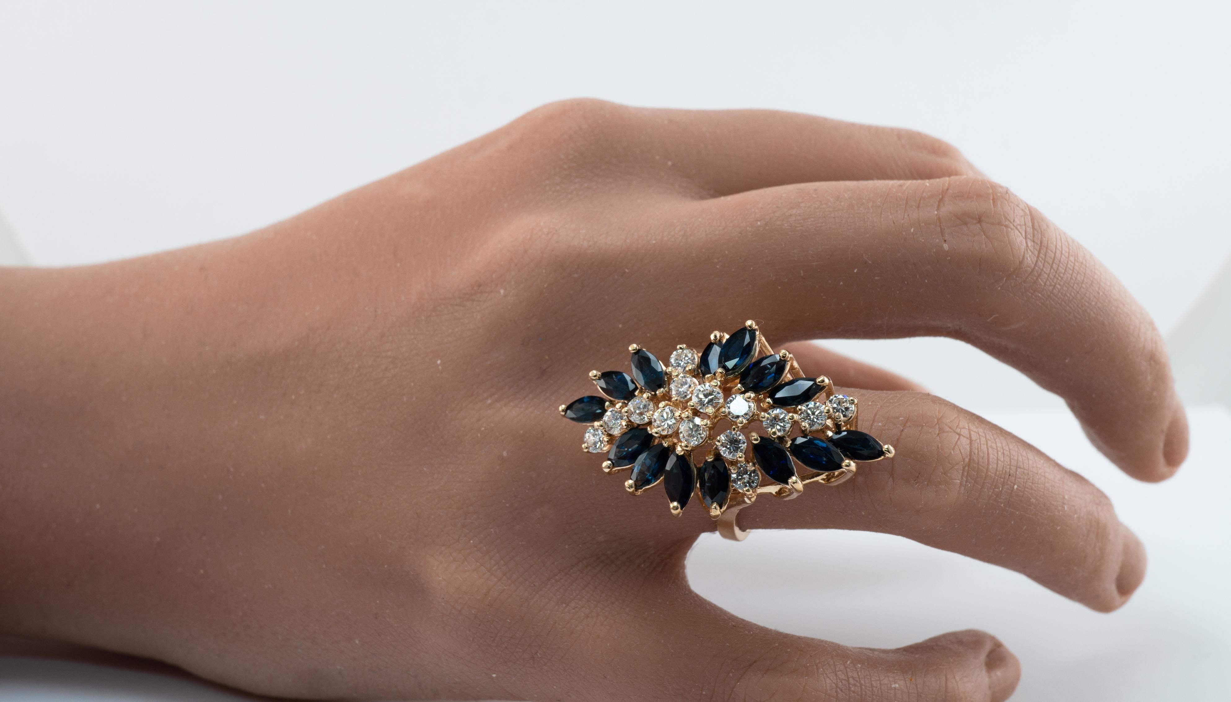 Anillo Zafiro Diamante Natural Flor Vintage Oro 14K Cocktail Cascada Corte marquesa en venta