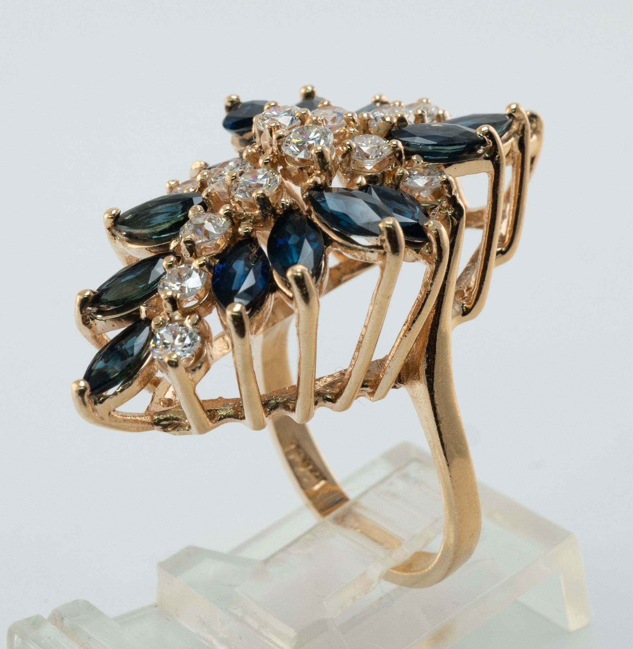 Anillo Zafiro Diamante Natural Flor Vintage Oro 14K Cocktail Cascada en Bueno estado para la venta en East Brunswick, NJ