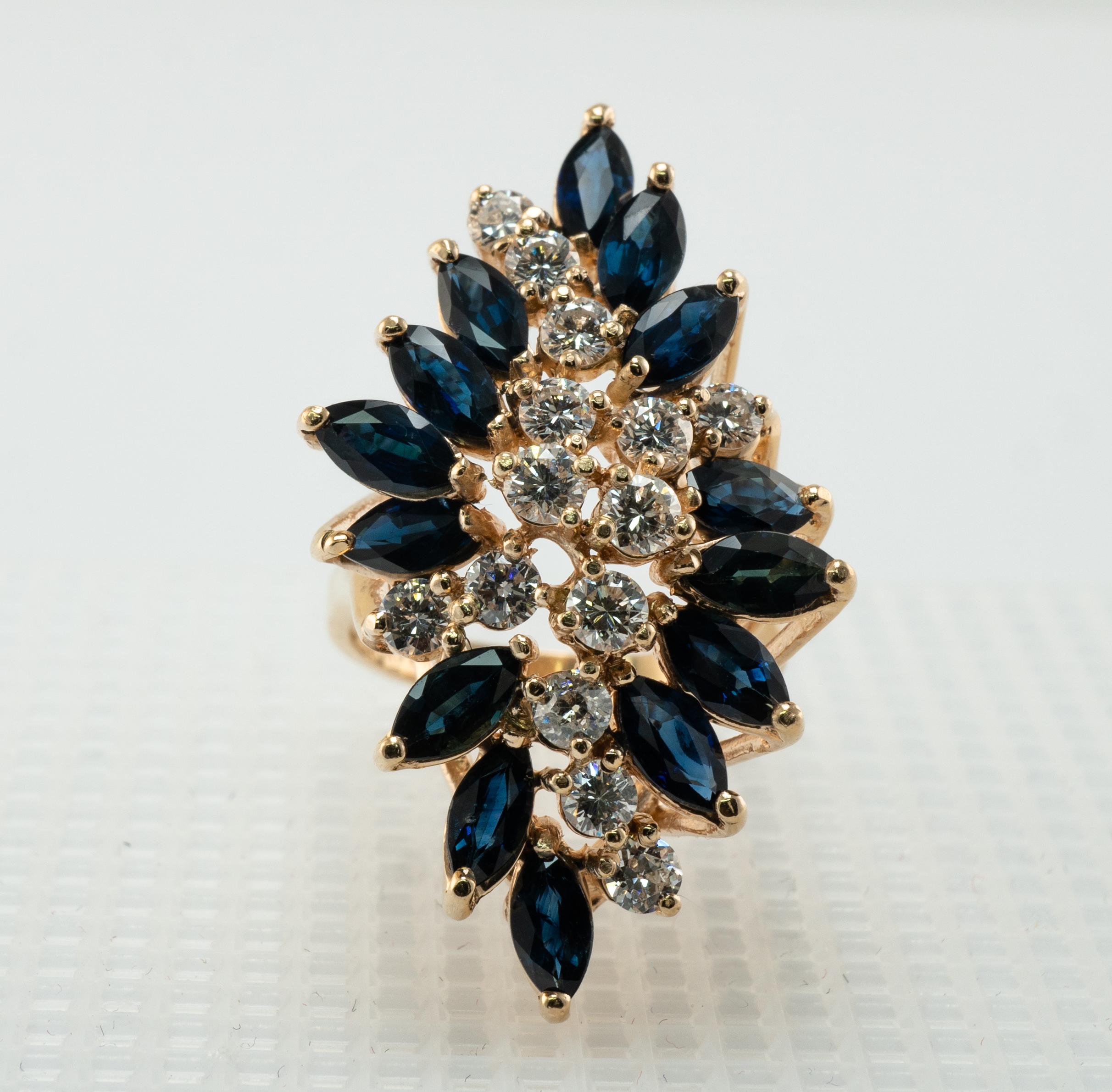 De las mujeres Anillo Zafiro Diamante Natural Flor Vintage Oro 14K Cocktail Cascada en venta