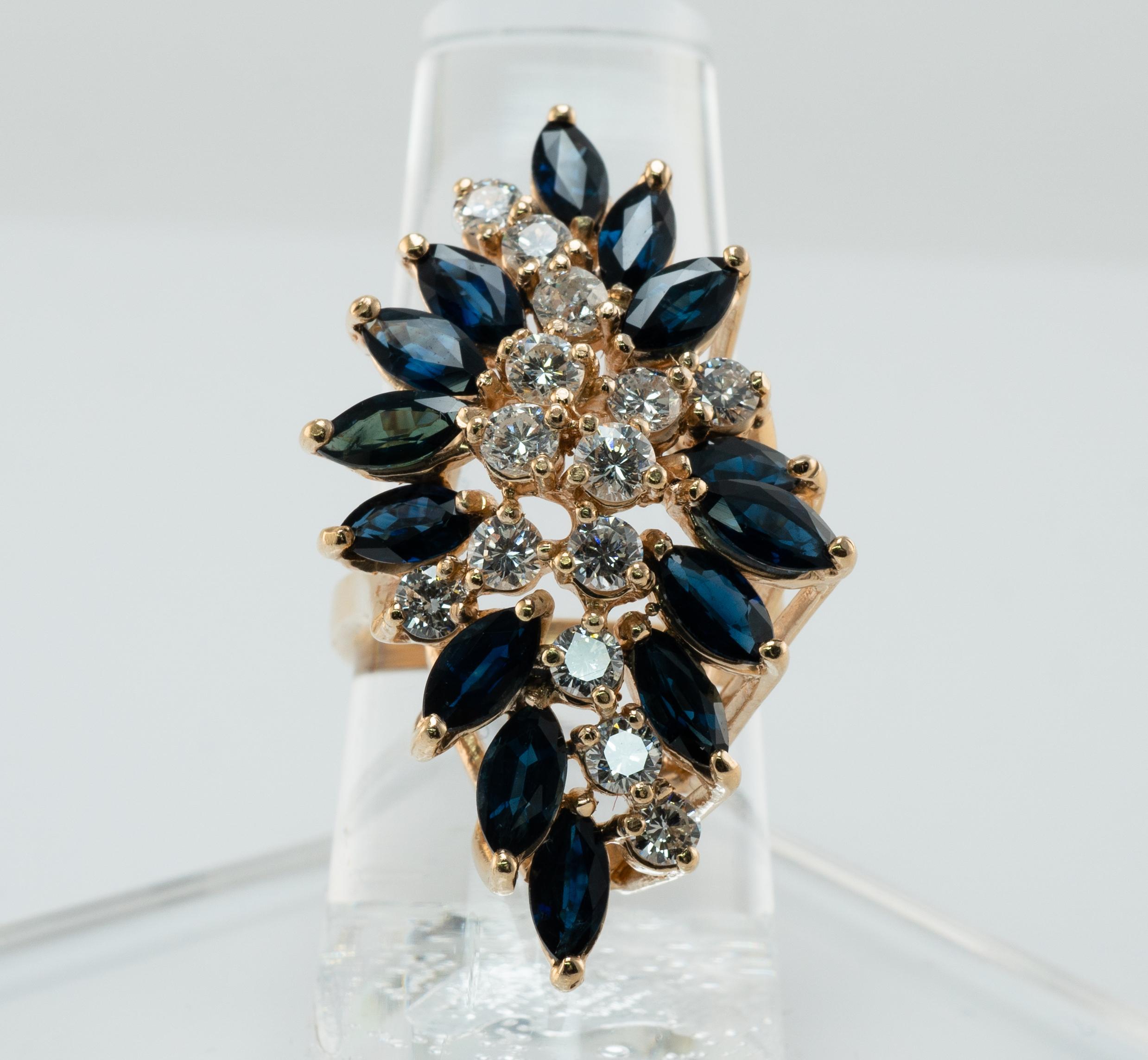 Anillo Zafiro Diamante Natural Flor Vintage Oro 14K Cocktail Cascada en venta 3